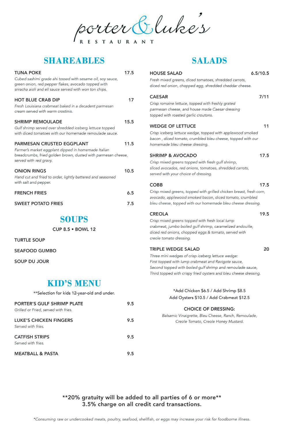 Porter & Lukes Menu Page 1